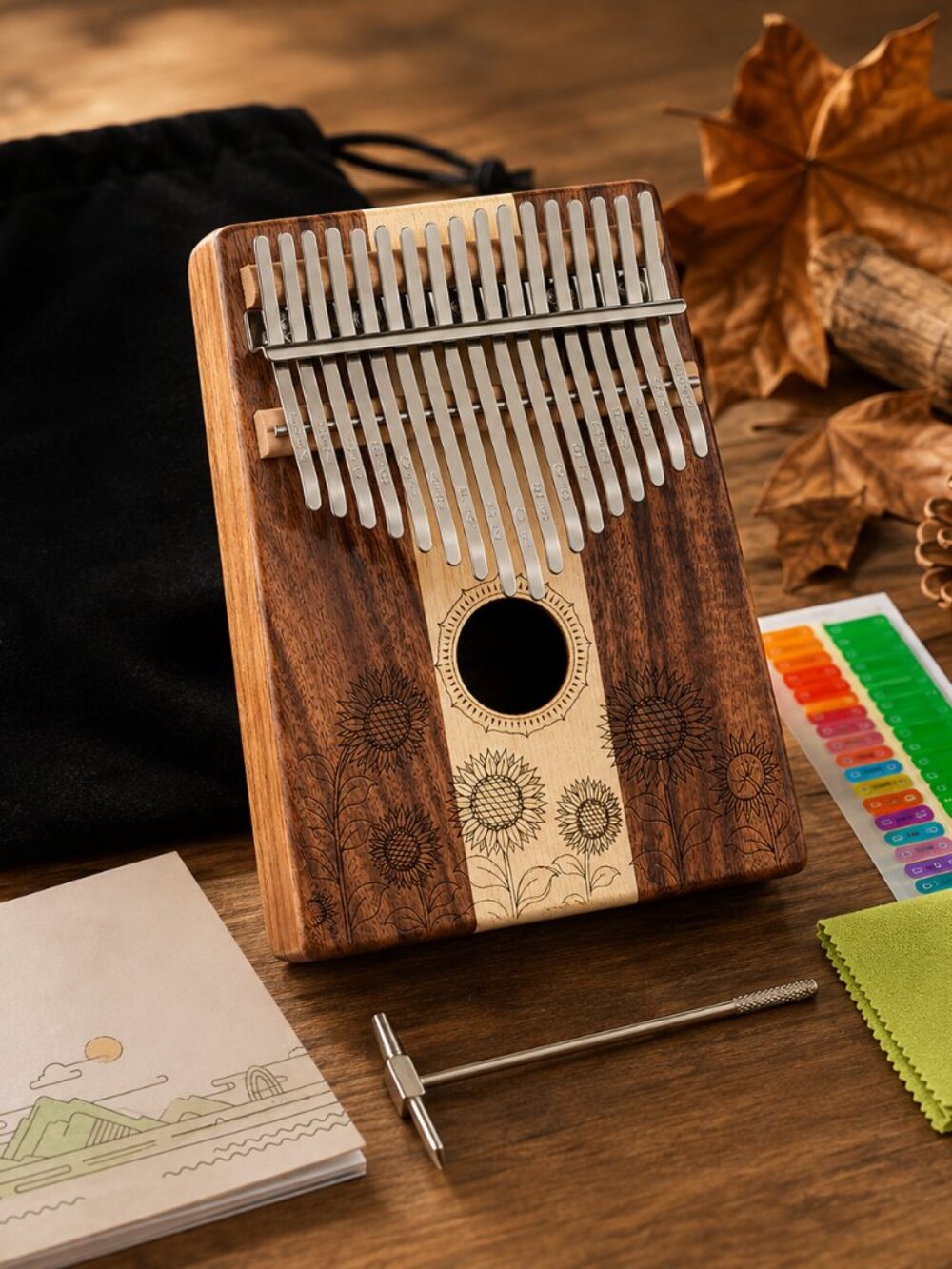 17 Key Wooden Kalimba Sunflower Design Thumb Piano Beginner Gift pouch